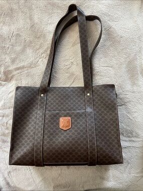 Celine Brown Patterned Leather-Accent Tote